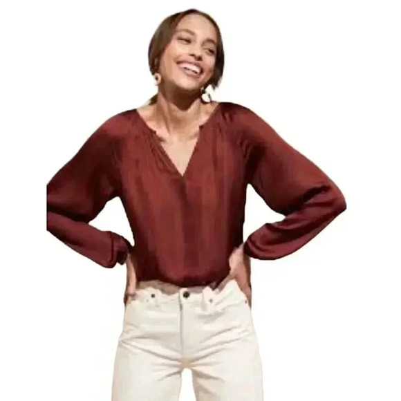 Banana Republic Women's Burnt Caramel Poly Satin Balloon Sleeve Top NEW - Picture 1 of 11
